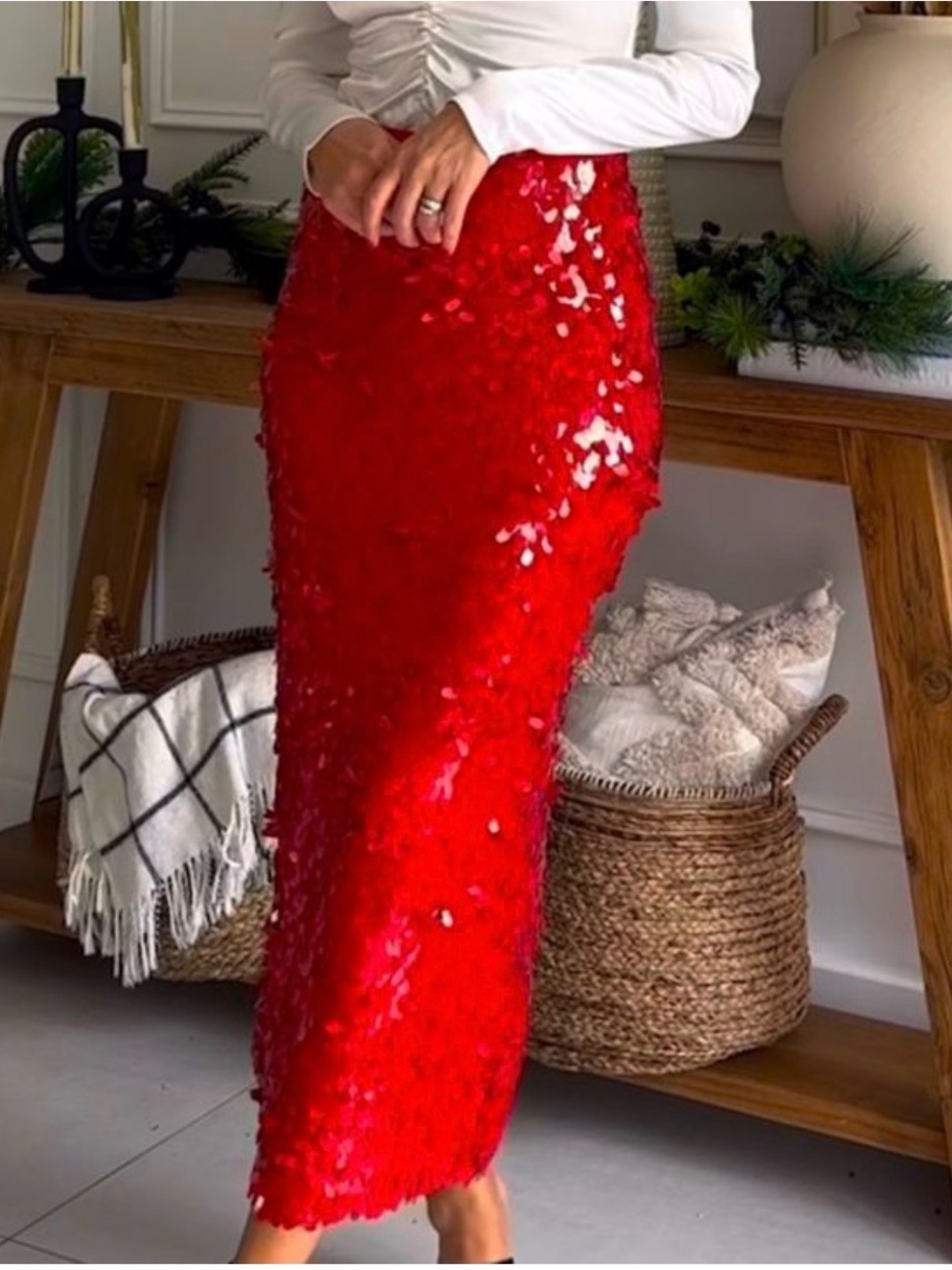 H&M Red Sequin Midi Skirt